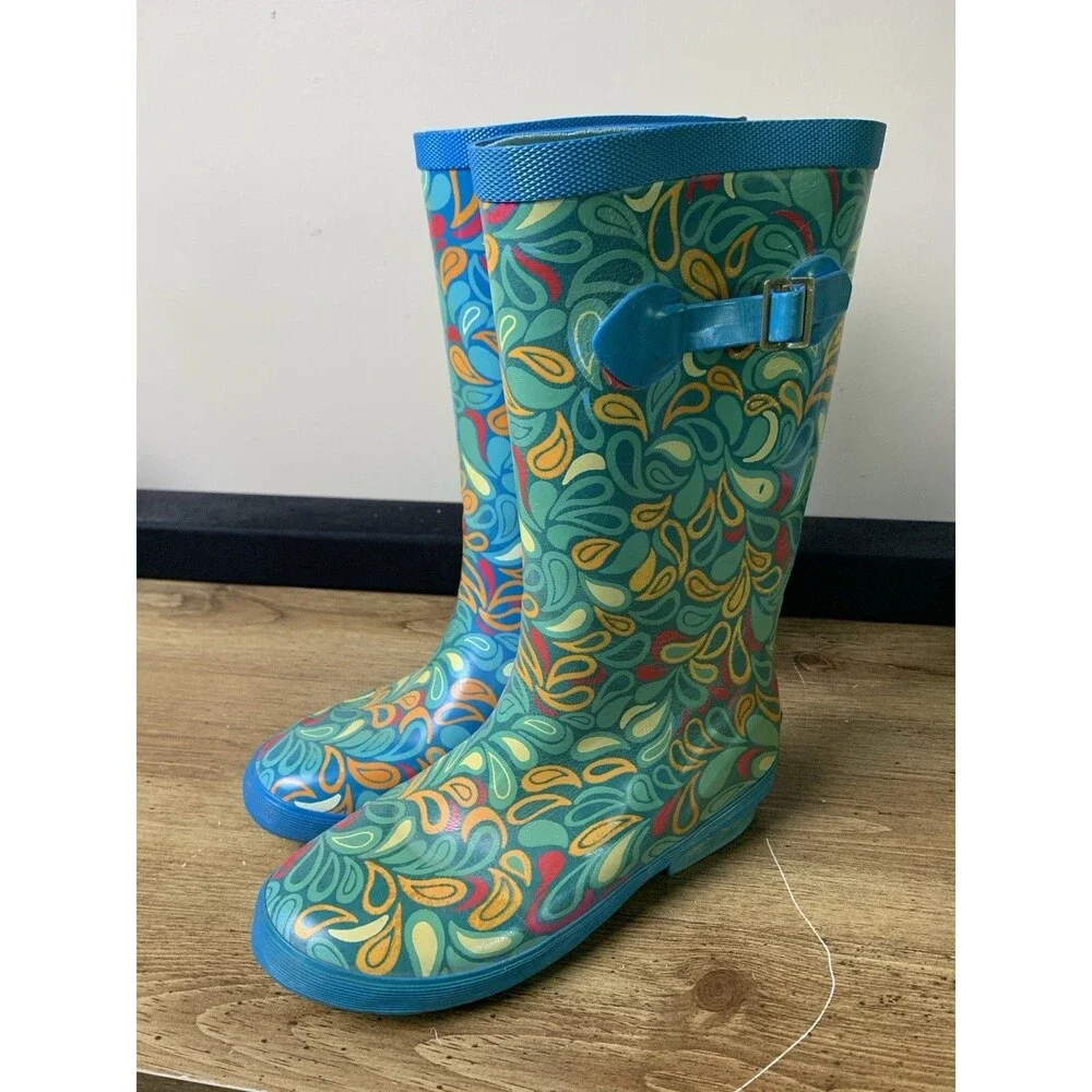 🌻2 for $20🌻 LL Bean Wellie Rain Boots Kids Blue Paisley Girls Size 6 Outdoor